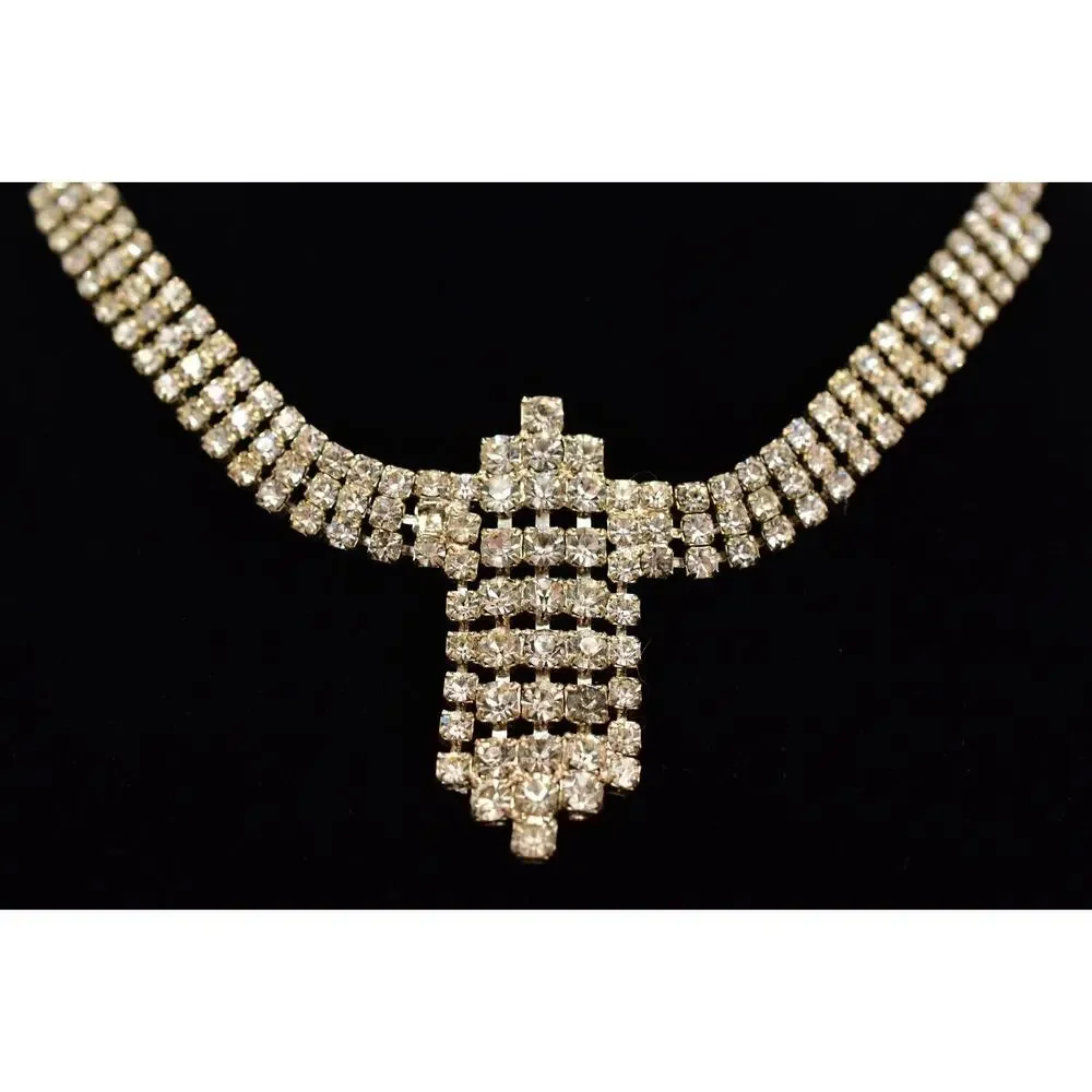 Vintage Crystal Collar Choker Necklace Rhinestone Silver Chunky Glam 1980s BinBJ